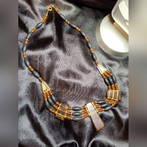 Vintage Amber & Black Beaded Necklace